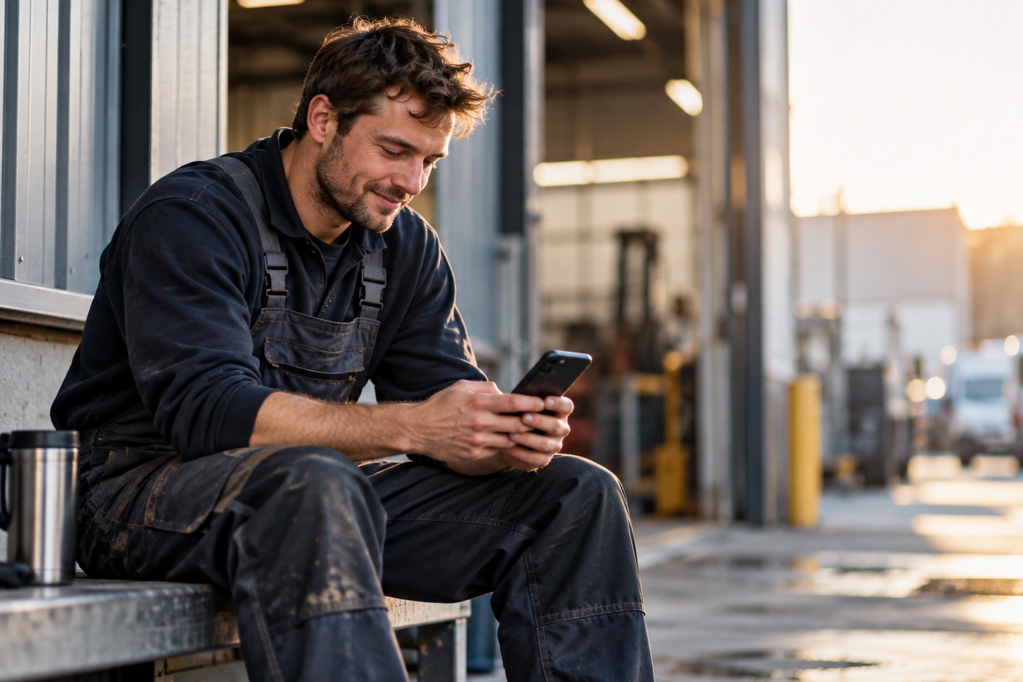Medewerker kijkt in de pauze op zijn telefoon